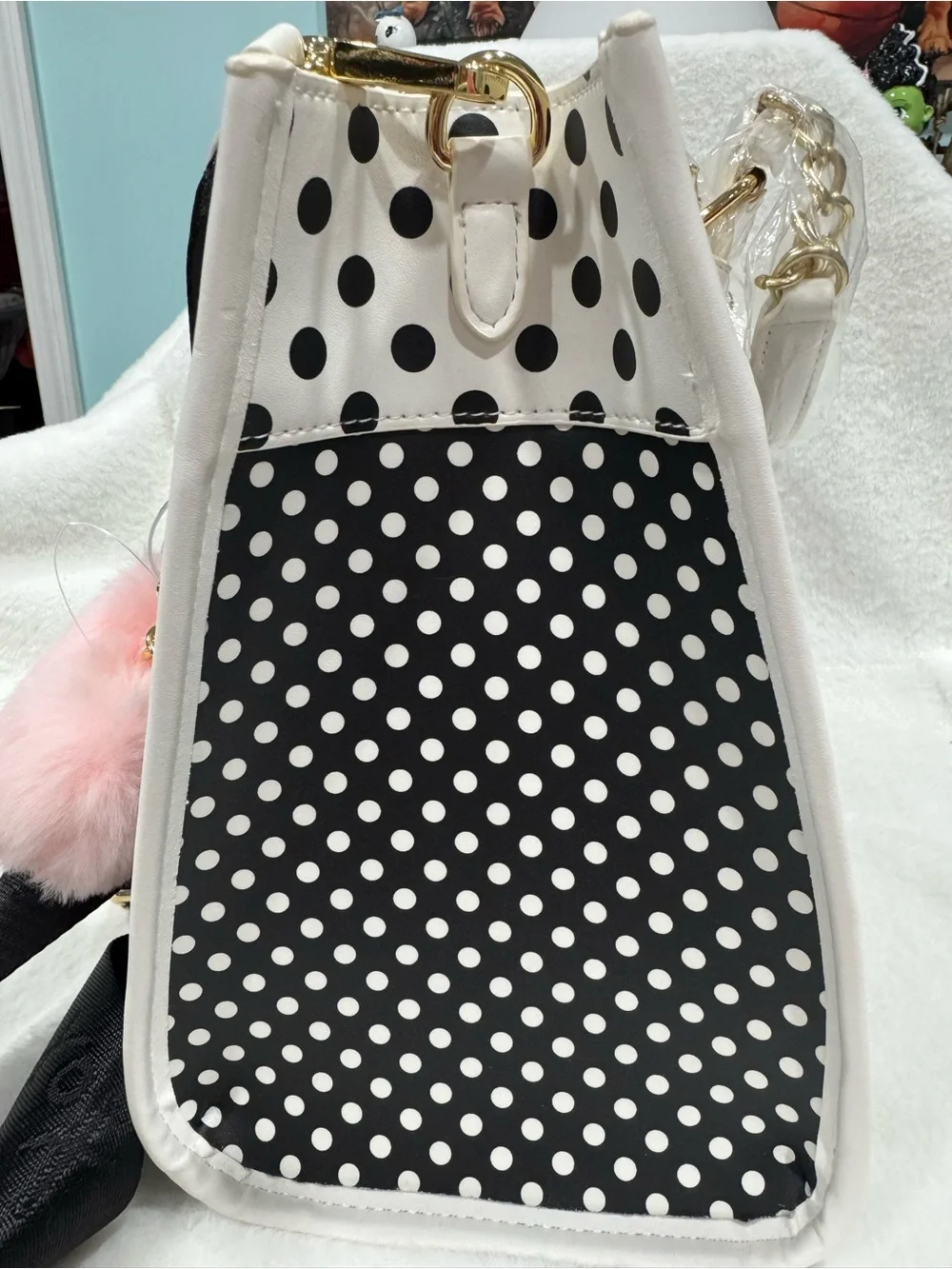 Betsey Johnson Black & White Polka Dot Satchel with Pink Heart Charm
